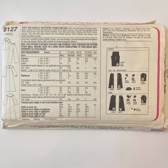 Simplicity 8127 Pattern Pajama Nightgown Robe Girls & Chubbies Large Vintage - Picture 4 of 6